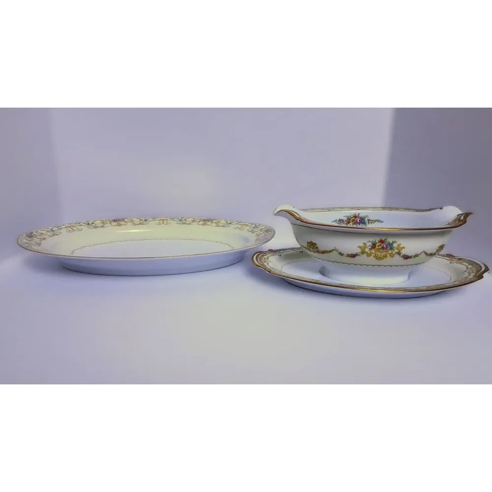 Vintage 30s Noritake Ashley Pattern Gravy Boat w Attached Underplate Fine China